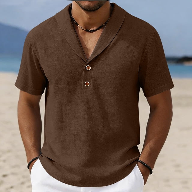 Ceisia Men's Solid Color Cotton Linen Casual Shirt Loose Shawl Collar Short Sleeve Top for Summer Brown XXL Gifts