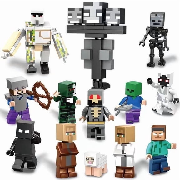 Pixel Sandbox Game Building Blocks Figures Set, 13 PCS Pixel Character Action Figures with Boss Mobs Villagers Animals, Pixel World Collection Kit, Video Game Themed Building Toys
