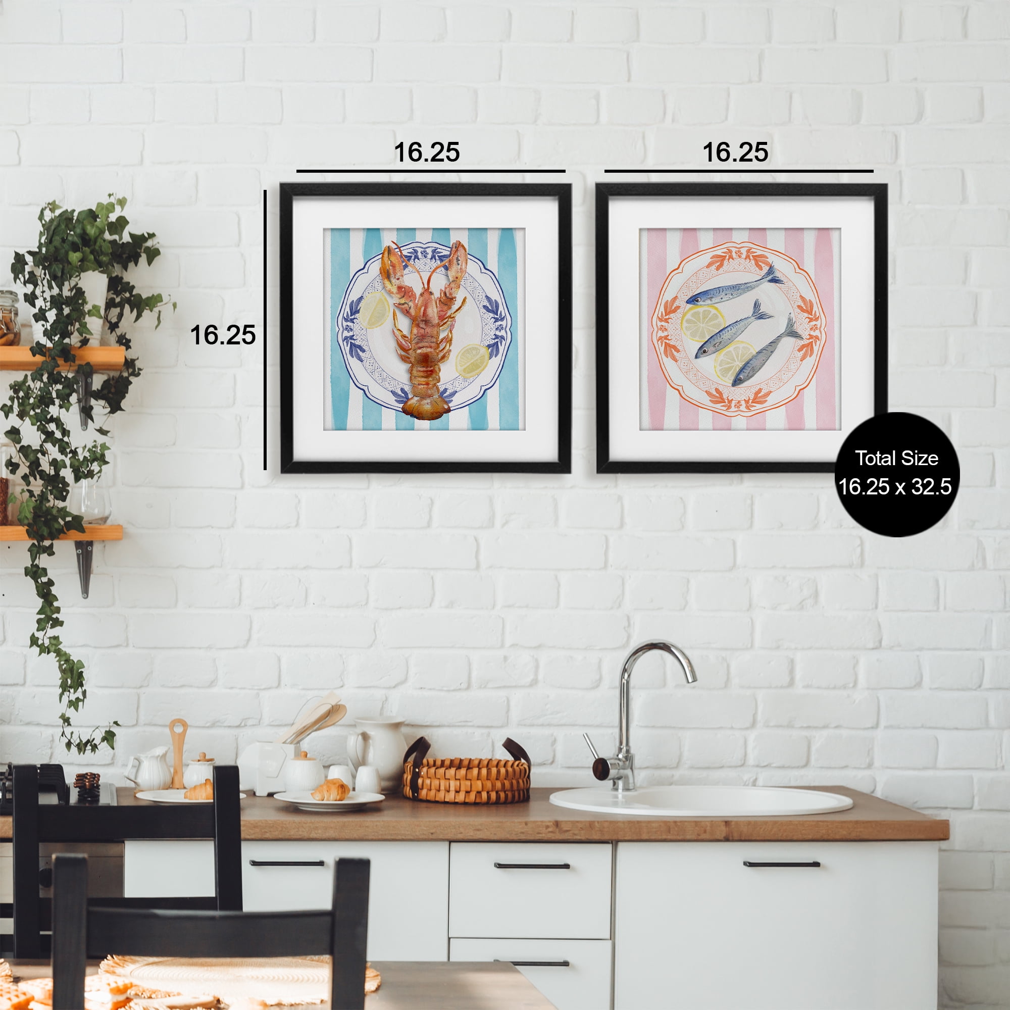 Stupell Industries Lobster & Sardines Plates 2 Piece Black Framed Print Under Glass Set, design by Christie Adams