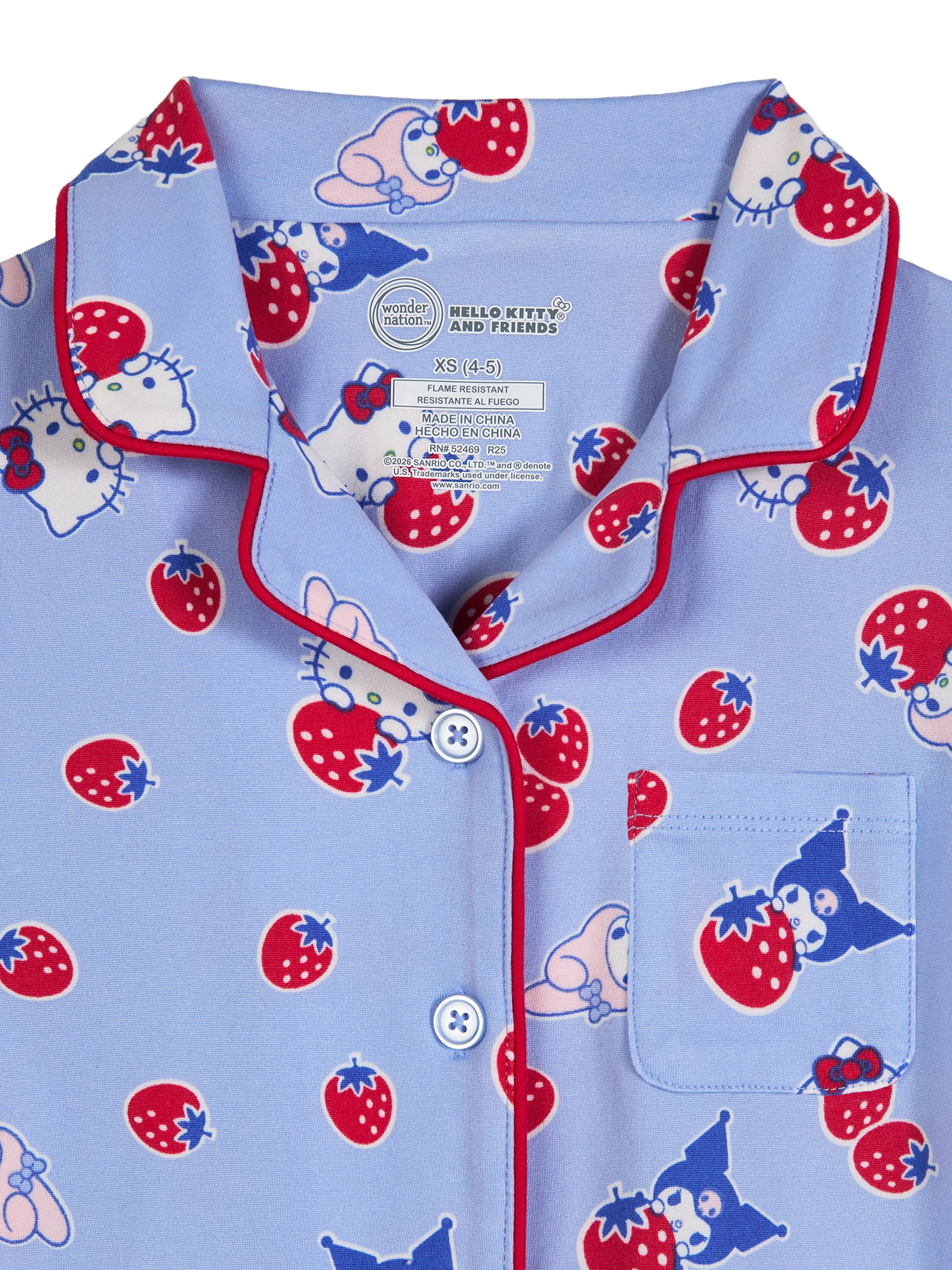 Hello Kitty x Wonder Nation Girls Short Sleeve Notch Collar Top and Short Pajama Set, 2-Piece, Sizes 4-18