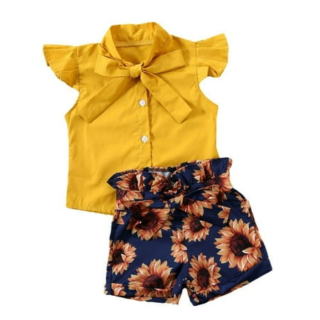 

Toddler Kid Baby Girls Summer Clothes Set Short Sleeve Tops Bow-Knot Sunflower Shorts Outfit Sunsuit 1-2 Years