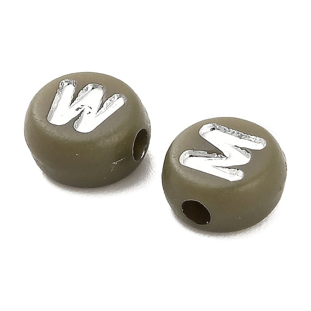 Opaque Acrylic Beads Flat Round with Letter Dark Olive Green 7x4mm Hole: 1.6mm 3846pcs/500g