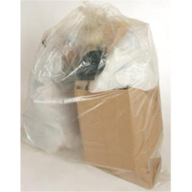 Sacs pour Entrepreneurs Pro de 42 gal - Boîte de 10, au design Multicolore et Fabriqués à Partir de Matériaux Résistants aux Impacts et à la Corrosion. Ces Sacs à Ordures Robustes Conviennent à l'Usage des Entrepreneurs, Offrant une Fiabilité Exceptionnelle pour Manipuler de Grandes Quantités de Déchets. l'Image Montre un Sac Transparent Rempli de Divers Articles, Dont une Boîte en Carton, Démontrant Sa Capacité et Sa Durabilité.