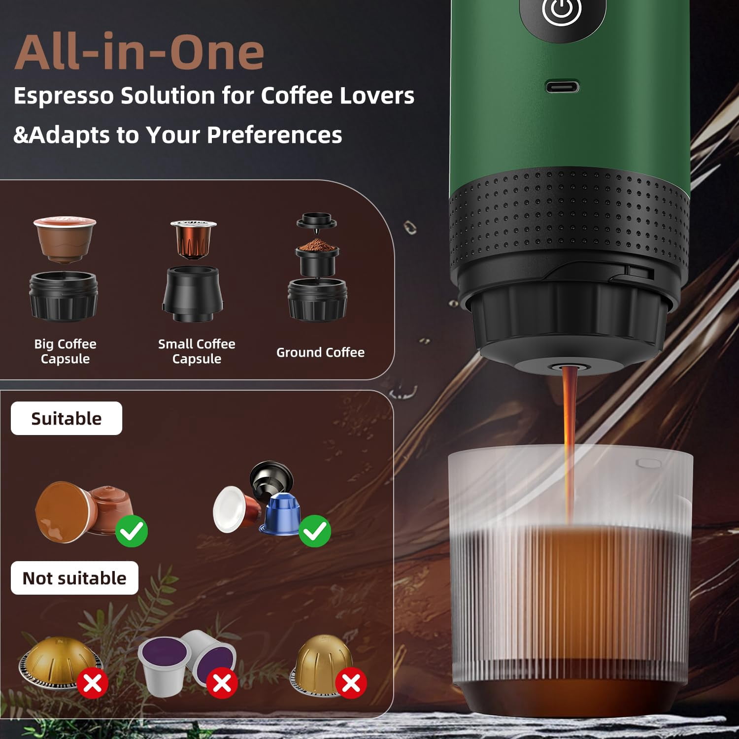 Portable Coffee Maker Espresso Machine, Camping coffee makers for travel, Car Coffee Maker Self-Heating with USB-C,Mini Battery Portable espresso maker machine With Ground Coffee & NS Capsule