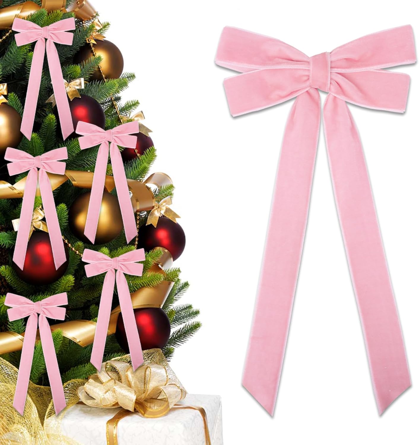 24Pcs Velvet Christmas Tree Bows, Large Burgundy Velvet Ribbon Bows, 5 x 10 in Vintage Velvet Bows for Christmas Tree Front Door Wreath Home Garland Door Holiday Xmas Decorations(Light Brown)
