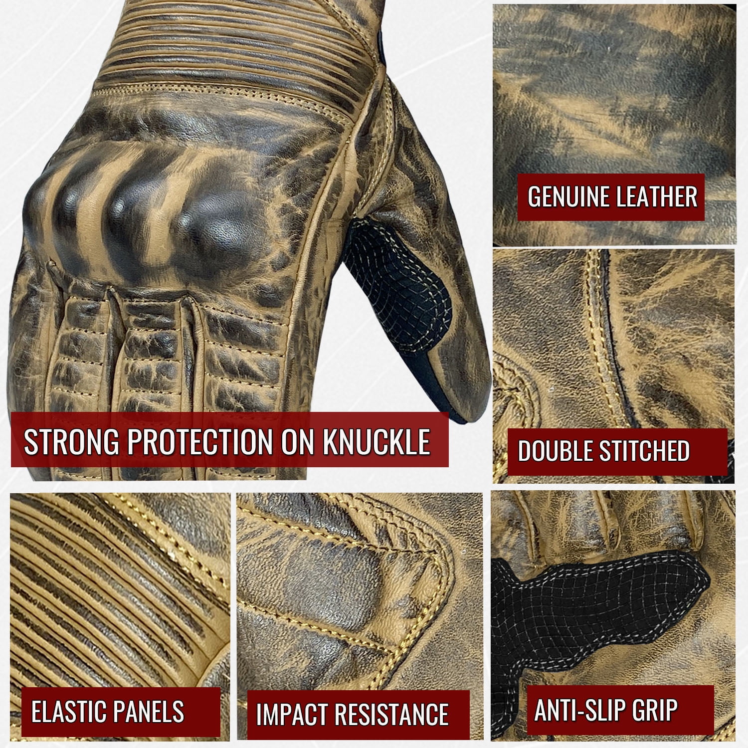 Jackets 4 Bikes Throttle Motorcycle Gloves for Men - Leather Motorbike Riding Gloves Brown L