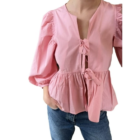 Sunwanar Women Puff Short Sleeve Shirts Front Tie Ruffle Hem Babydoll Peplum Blouse Cute Basic Lace Up Crop Tops
