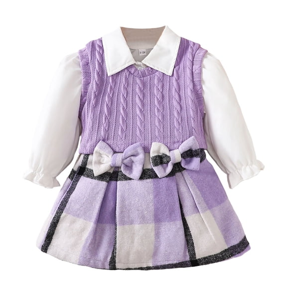 9 Month Girl Clothes Sets Girl's Spring School Style Long-Sleeved Inner Shirt Sleeveless Sweater Vest and Plaid Striped Skirt Set,9 Month-3 Years