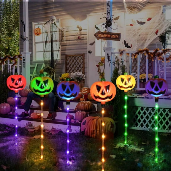 Peacheart 12 Pack Solar Halloween Pathway Lights, Colorful Halloween Pumpkin Stake Lights, Waterproof Halloween Lights for Outdoor Front Porch Garden Yard Lawn Decor