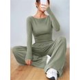 thumbnail image 6 of Women'S 2 Piece Matching Lounge Set Long Sleeve Boat Neck Top Wide Leg Pants Casual Sweatsuit Bean Green M, 6 of 9