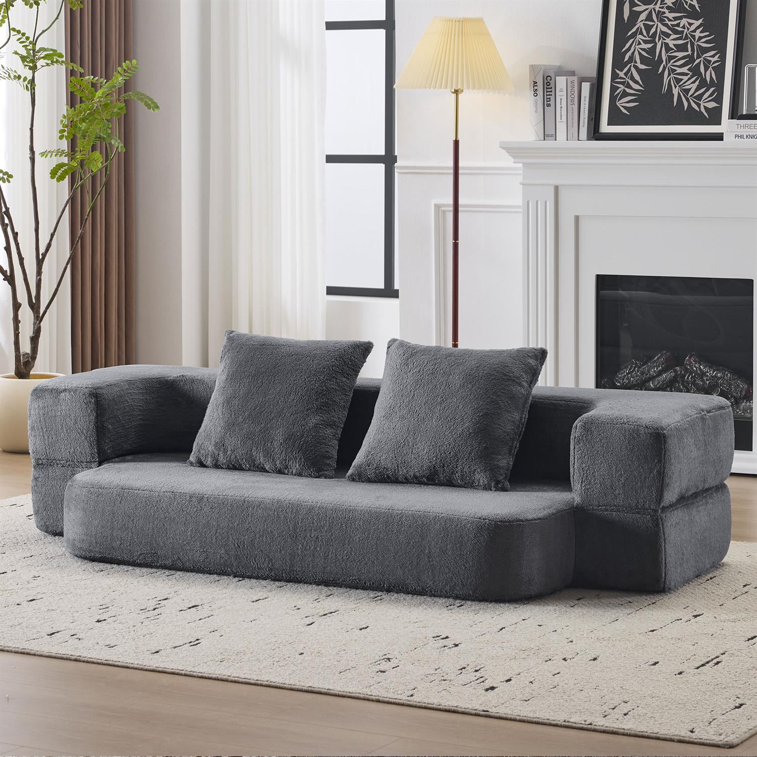 Demi Bonn Versatile 3-in-1 Sectional Sofa with Ottomans, Cozy Foam Fold-Out Bed, Space-Saving Chenille Lounger for Small Apartments & Home Offices, Gray