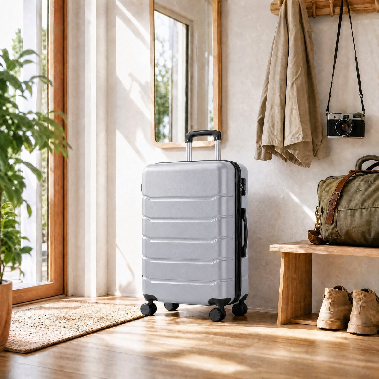 Kelno Carry On Luggage with Spinner Wheels ABS Hard Shell Suitcase Expandable Rolling Luggage with TSA Lock, Light Gray