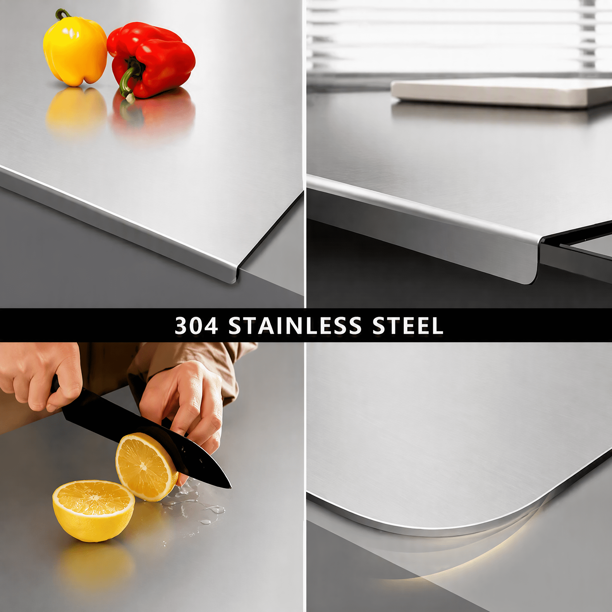 304 Stainless Steel Cutting Board with Folded Lip, 4-Layer Compression, Non-Porous, Easy Clean, Double-Sided Use for Kitchen Food Prep