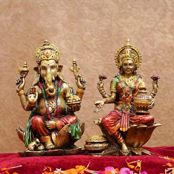 TIED RIBBONS Laxmi Ganesha Idol Indian God Home Temple Puja Pooja Idol India Tabletop Desk Laxmi MATA Murti and Ganpati Sculptures - Laxmi Ganesh Statue for Home Entrance Mandir Decoration Item