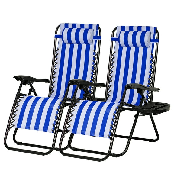 Nazhura Foldable Beach Chair with Pillows -Set of 2, Steel Navy Blue Stripe