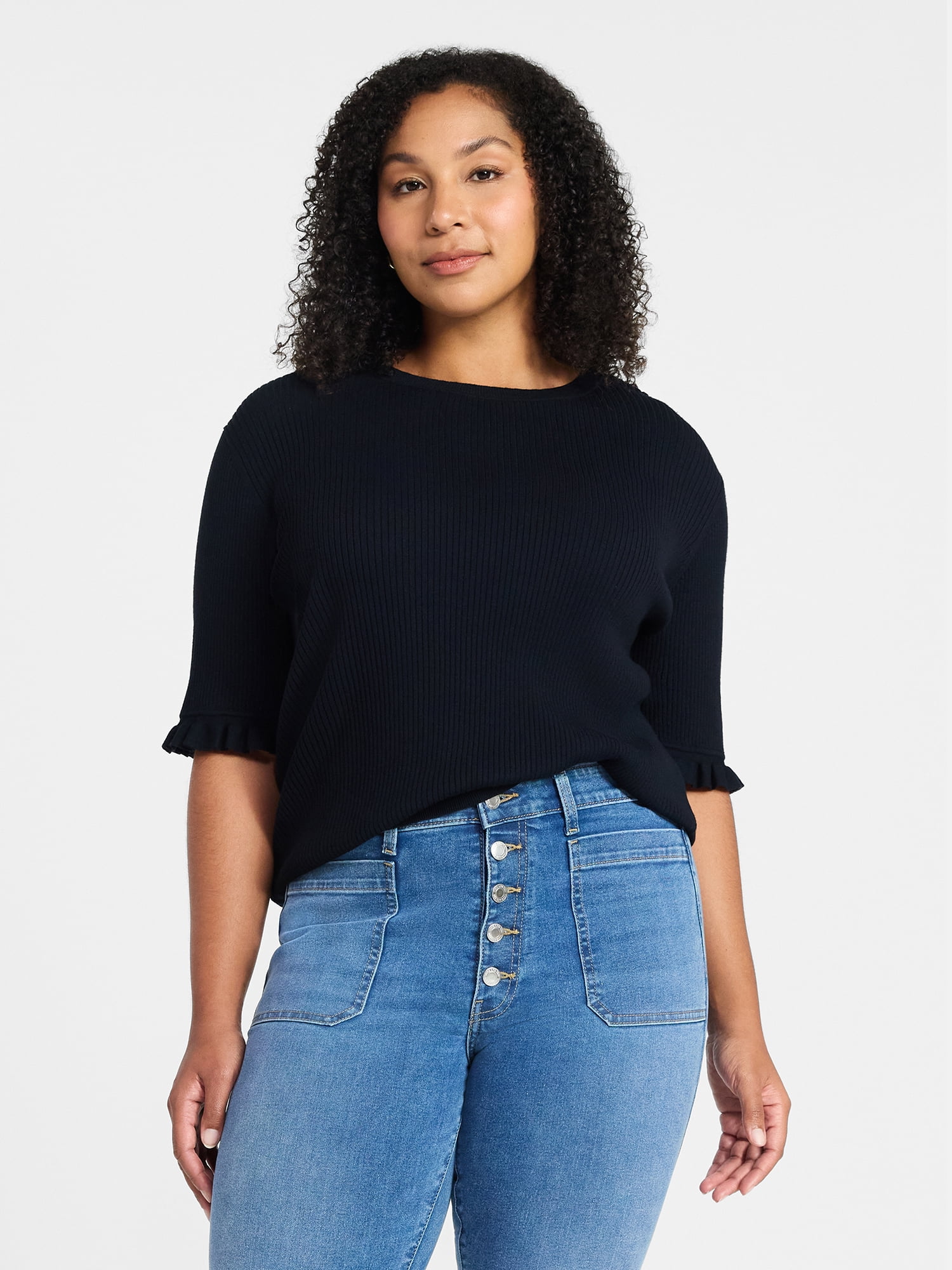 Time and Tru Women's Ribbed Sweater with Flounce Sleeves, Midweight, Sizes XS-XXXL
