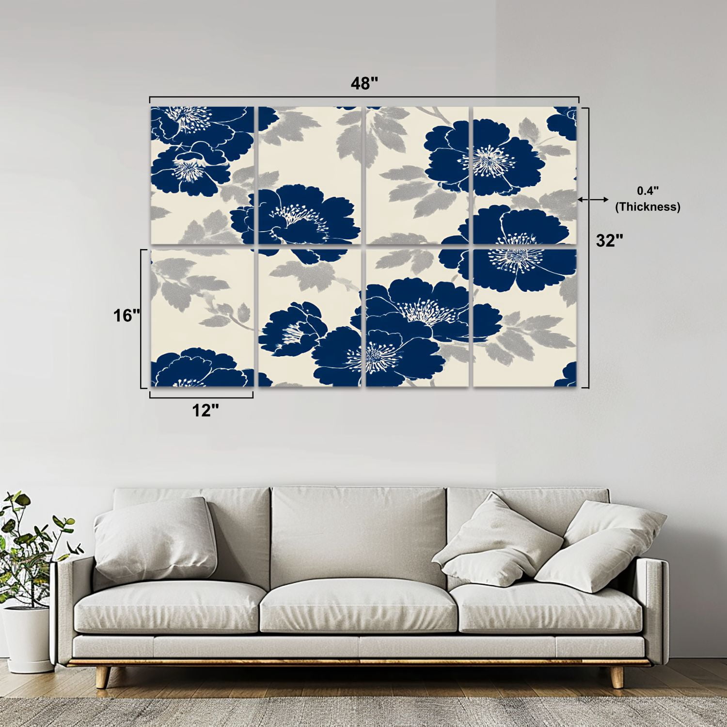 8 Pack Art Acoustic Panels Sound Absorbing Navy Blue Silver Floral Cream Decorative Soundproof Wall Panels Self Adhesive for Nursery Game Room Bedroom 48"x32"