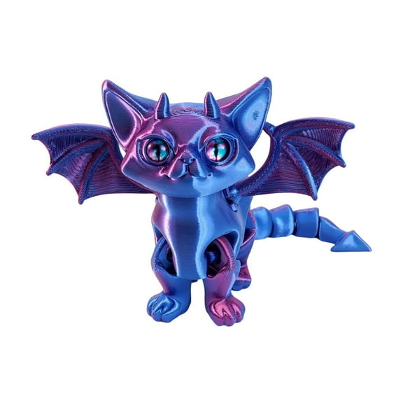 3D Printed Flying Cat Figurine with Movable Joints for Desktop Decor and Stress Relief Angel Demon Theme in Blue and Purple Colors 6 Inches Tall