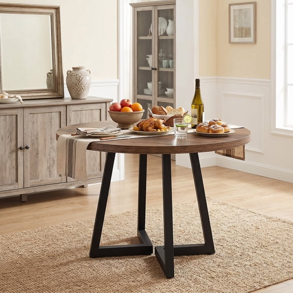 Demi Bonn 31" Rustic Round Dining Table, Wooden Top with Metal Base for Home, Family Dining, Sturdy & Elegant, Brown