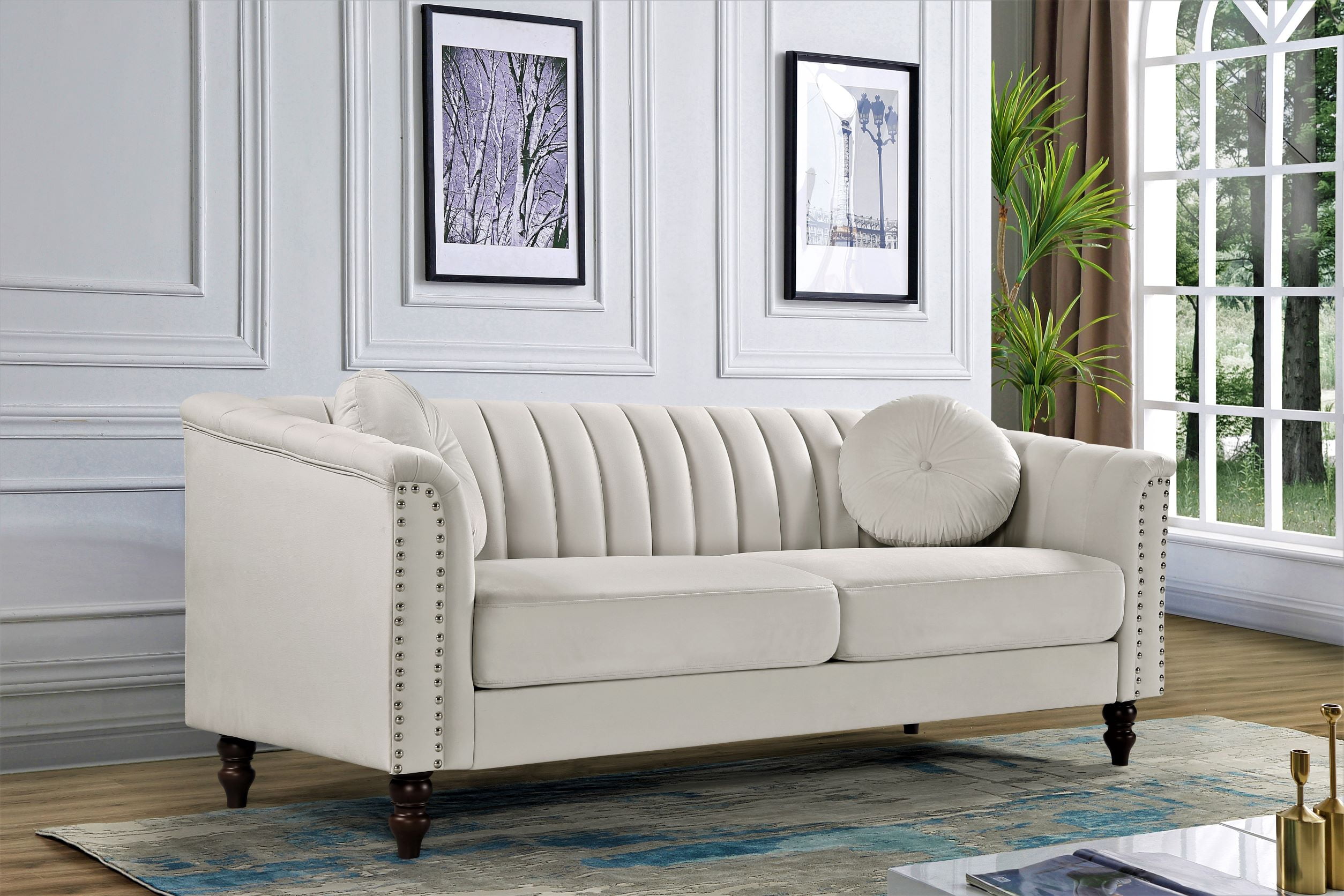 US PRIDE FURNITURE Hills Tufted Back Nailhead 75.2" Sofa-Ivory