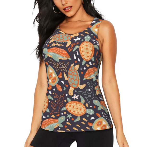 Fotbe Turtles and Sea Plants Blusas Sin Mangas para Mujer – Estilo Casual, Corte Suelto, Slim-Fit, Cuello Redondo Deportivo, Tops de Verano para Gimnasio y Yoga-X-Large