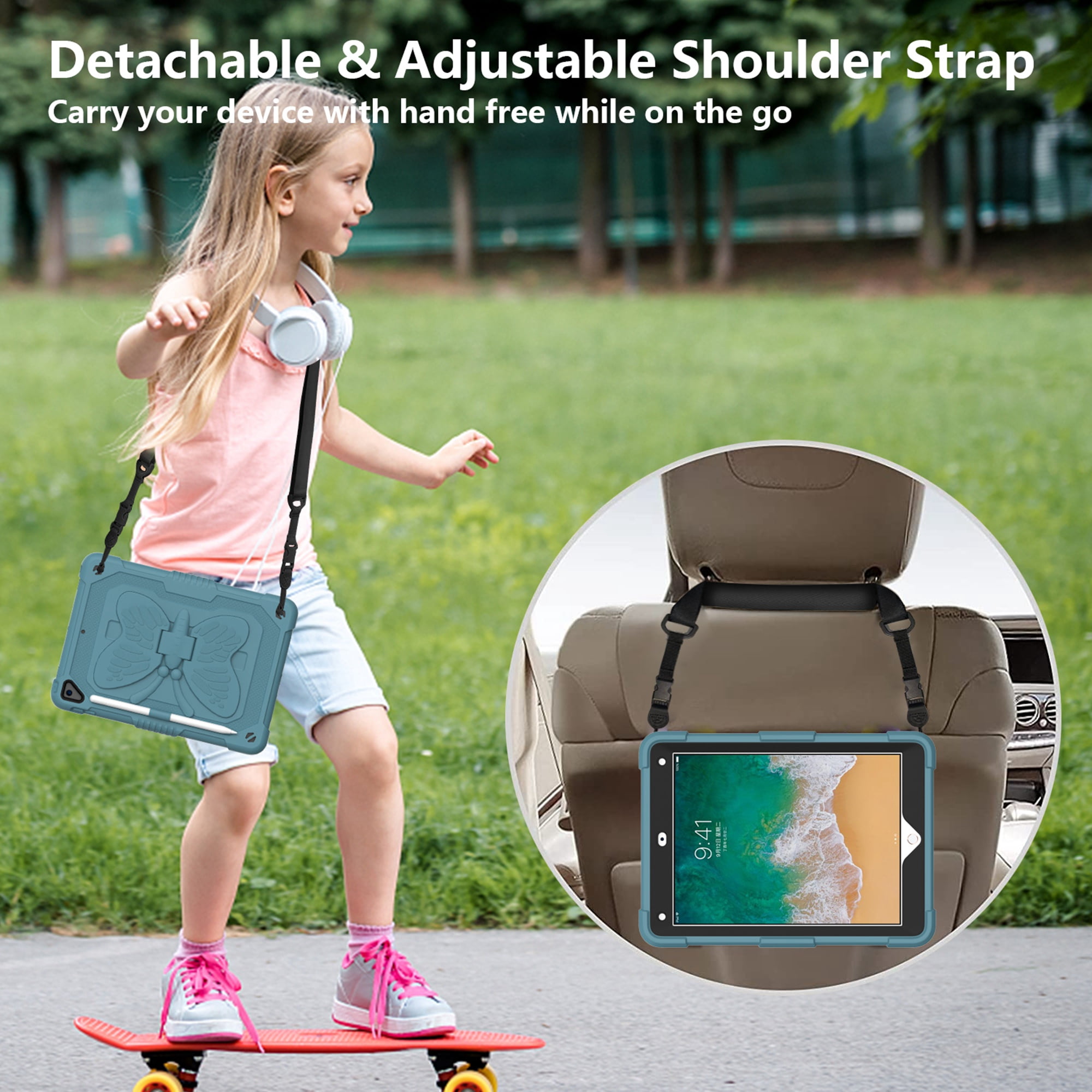 Dteck for iPad 6th 5th Generation Case with Kickstand Butterfly Wings Pencil Holder, Heavy Duty Hard Rugged Protective Cover Kids Girls for 9.7 inch iPad 6th/5th Gen/Air 2,Darkgreen