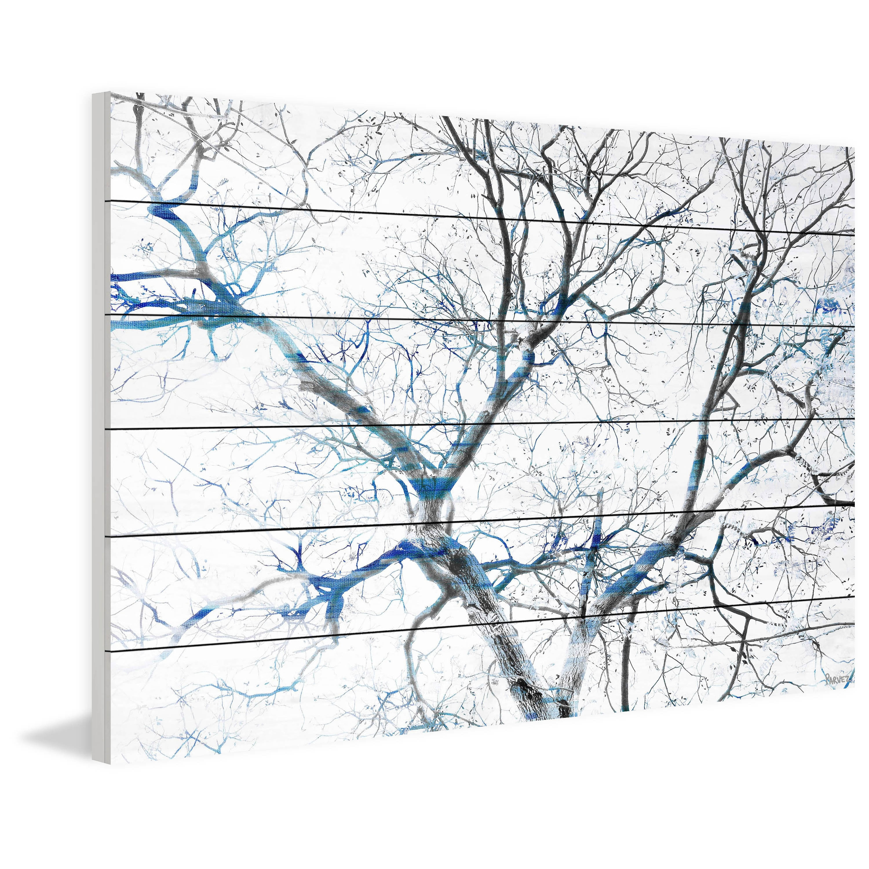 Parvez Taj  - Blue Branches Painting Print on White Wood - Multi-Color 36 x 24