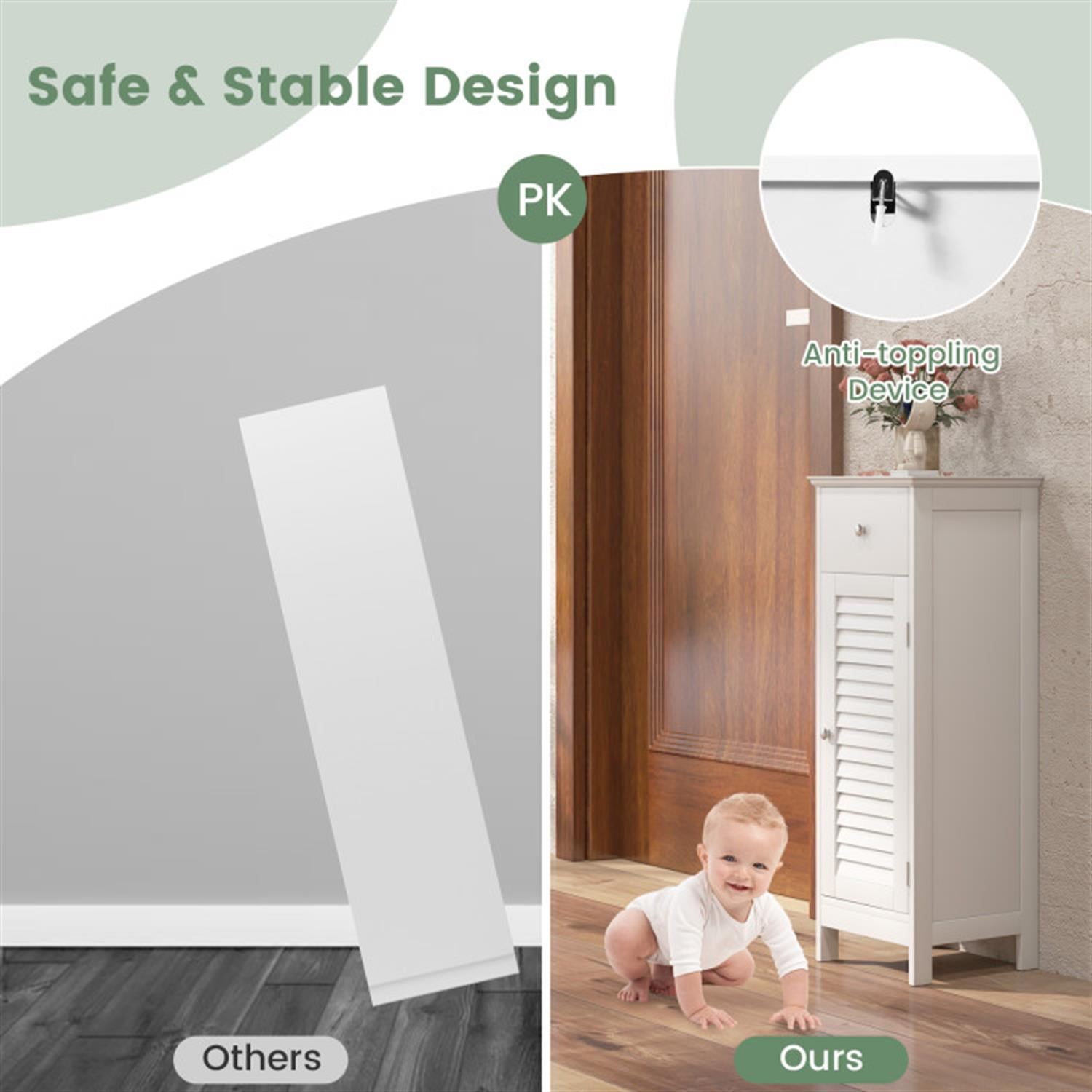 Demi Bonn Wood Bathroom Storage Cabinet, Bathroom Floor Cabinet with Drawer and Shutter Door for Bathroom, Living Room, Bedroom, Kitchen, White