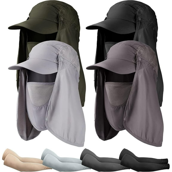 4 Set Sun Hat Fishing Hats UPF 50  Outdoor Hiking Hat UV Sun Protection Hat with Neck Flap Face Mask and 4 Pack Arm Sleeves