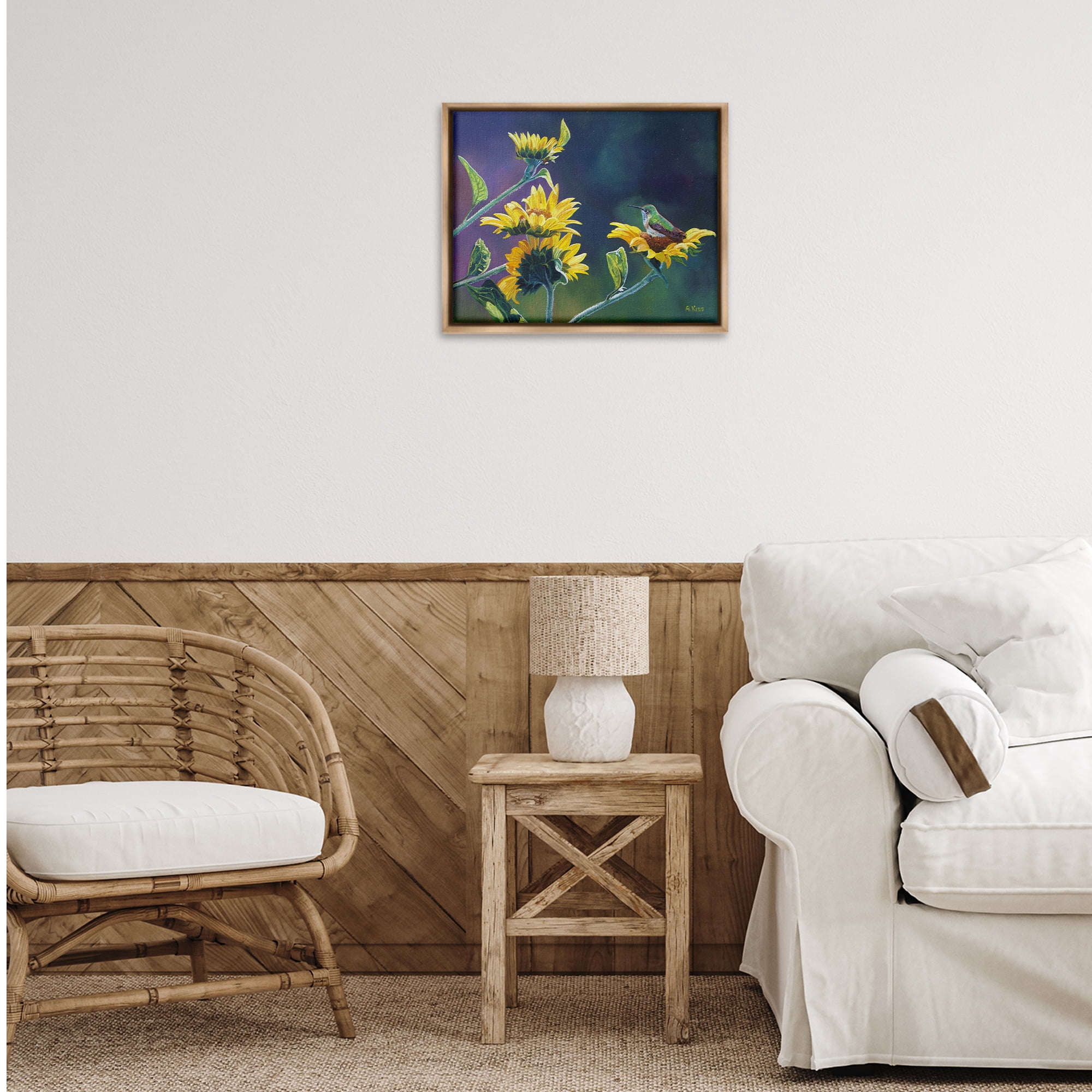 Stupell Industries Resting Birds on Sunflowers Plants & Flowers Painting Brown Floater Framed Canvas Art Print Wall Art, 21 x 17