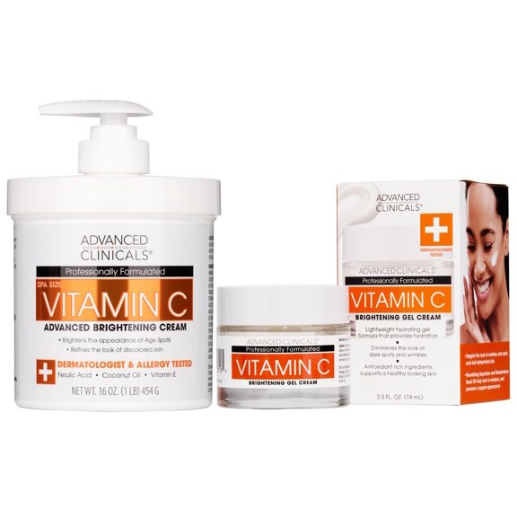 Advanced Clinicals Crema corporal iluminadora con vitamina C + potente crema hidratante facial con vitamina C, juego de 2 piezas para el cuidado de la piel para mujeres y hombres para disminuir la apa