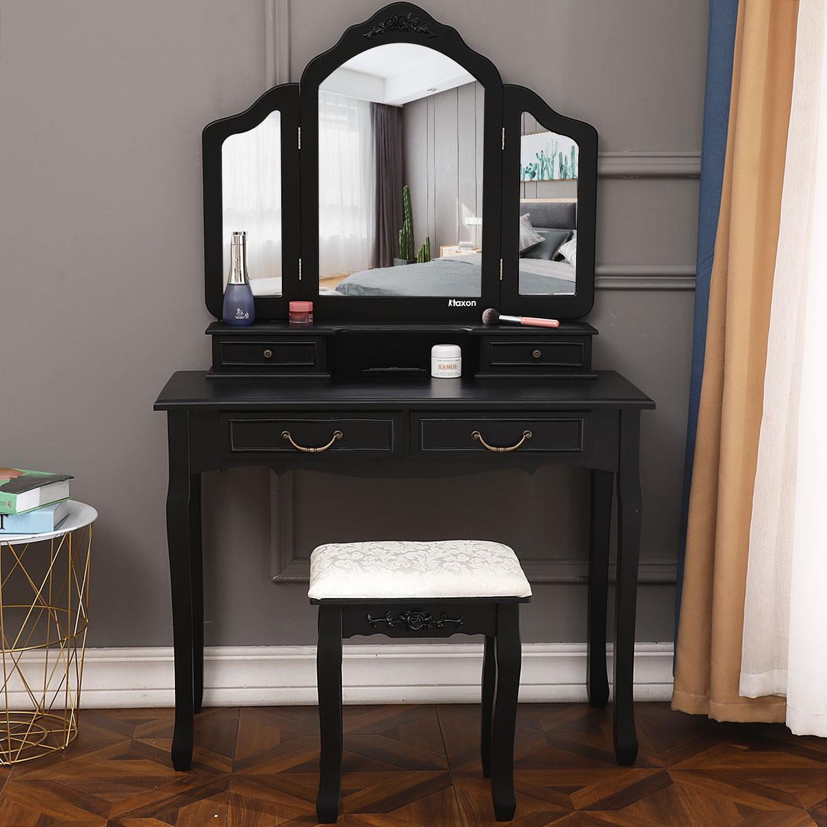 Ktaxon Trifold Mirrors Makeup Vanity Table Set Beauty Station W Cushioned Stool 4 Drawer Mirror Wood Desk Black