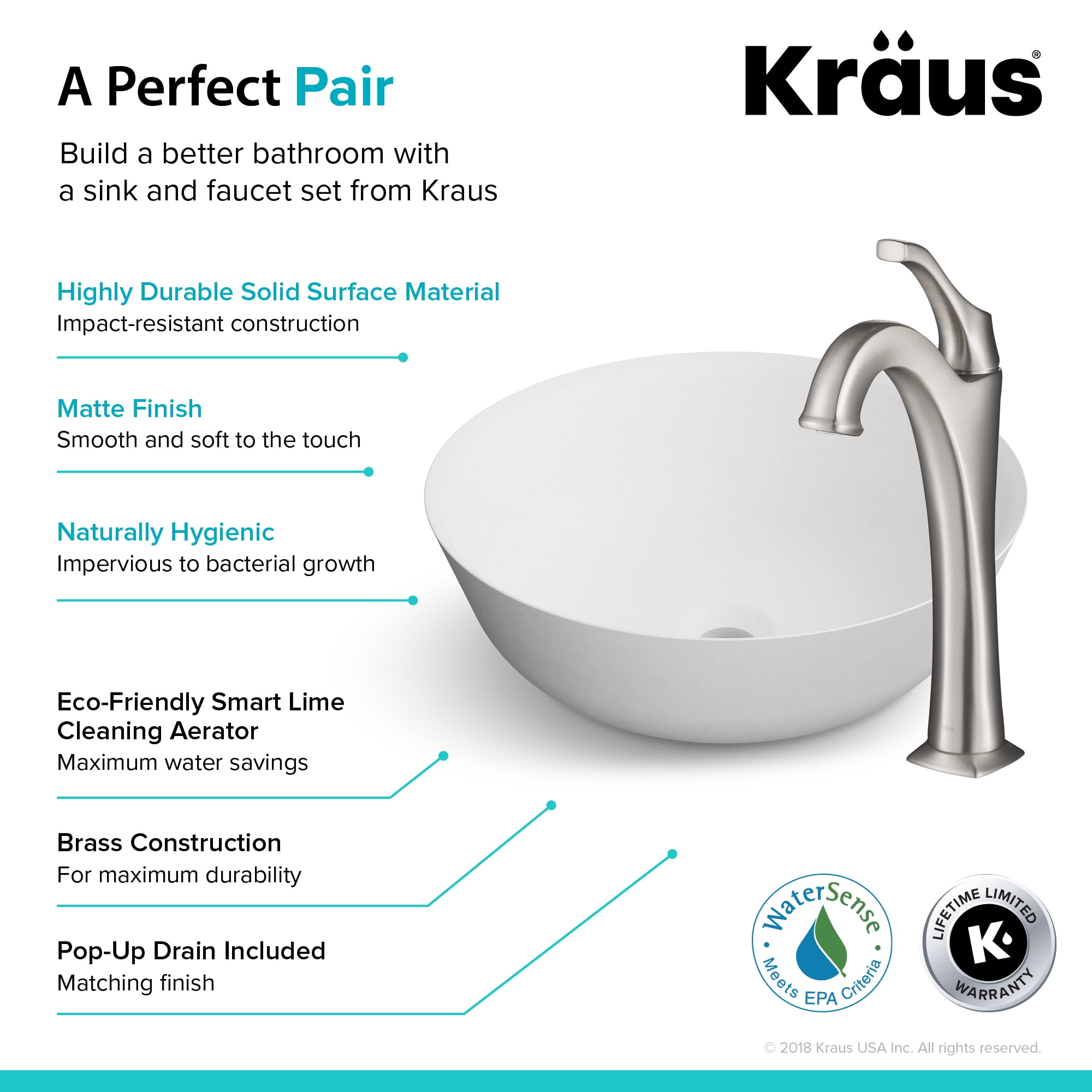 KRAUS Elavo Ceramic Vessel Sink & Arlo Faucet Combo – 14-inch Round White, Chrome, Pop-Up Drain Included - View #8