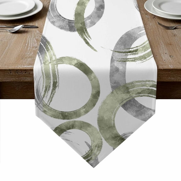 Sage Green Grey Table Runner Linen Burlap Table Runner 108 Inches Long Geometric Circle Modern Abstract Simple Art Dresser Scarves for Kitchen Island Coffee Dining Room Party Holiday Decor 13"x108"