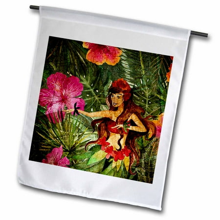 Hula Flamingo - 3dRose Aloha Colorful Flamingo Hula girl Jungle Tropical Floral Hawaii Pattern - Garden Flag, 12 by 18-inch