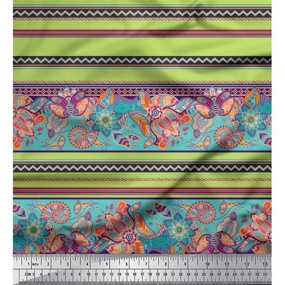 Soimoi Cotton Poplin Fabric Stripe,Leaves & Paisley Printed Fabric 1 Yard 42 Inch Wide