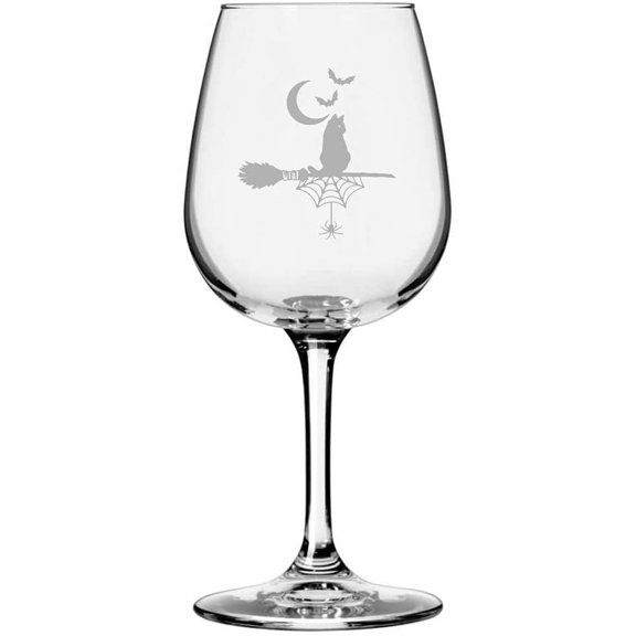 Cat on Broomstick Happy Halloween Etched 12.75oz All Purpose Libbey Wine Glass
