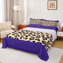 jejeloiu Leopard Print Texture Full Size Sheets,Purple Abstract Geometric Bed Sheets,Brown Cheetah Pattern Sheet Sets For Girl,Microfiber Bedroom Decor,4 Pieces