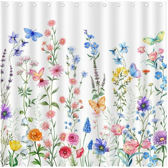 Colorful Floral Watercolor Flower Shower Curtain Set, Butterfly Wildflower Plant Waterproof Polyester Shower Curtains with 12 Hooks for Bathroom, Washable Bathroom Accessories Bathtub Decor 72" x 72"