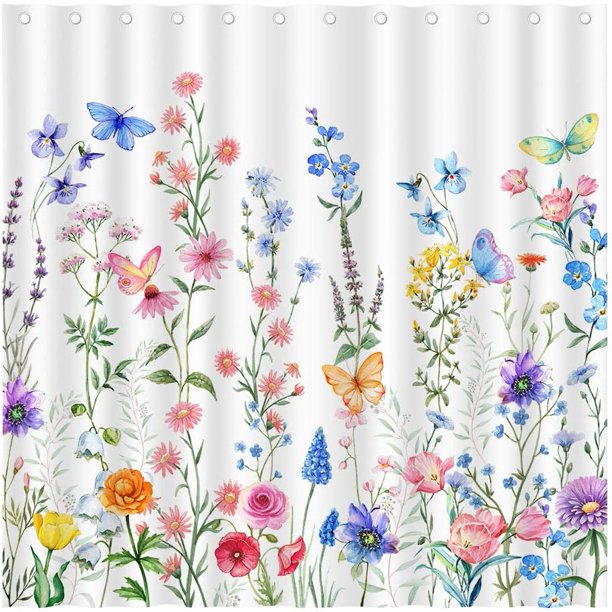 Cortina de ducha con diseño de flores de acuarela, diseño de mariposas y flores silvestres, impermeable, de poliéster, con 12 ganchos, lavable, para baño, decoración de bañera, 183 x 183 cm.