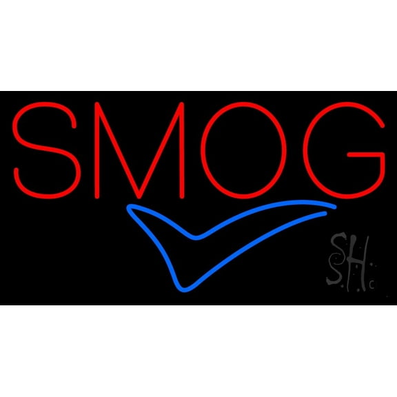 Red Smog Blue Check Logo LED Neon Sign 13 x 24 - inches, Clear Edge Cut Acrylic Backing, with Dimmer - Bright and Premium built indoor LED Neon Sign for automotive store, and mall.