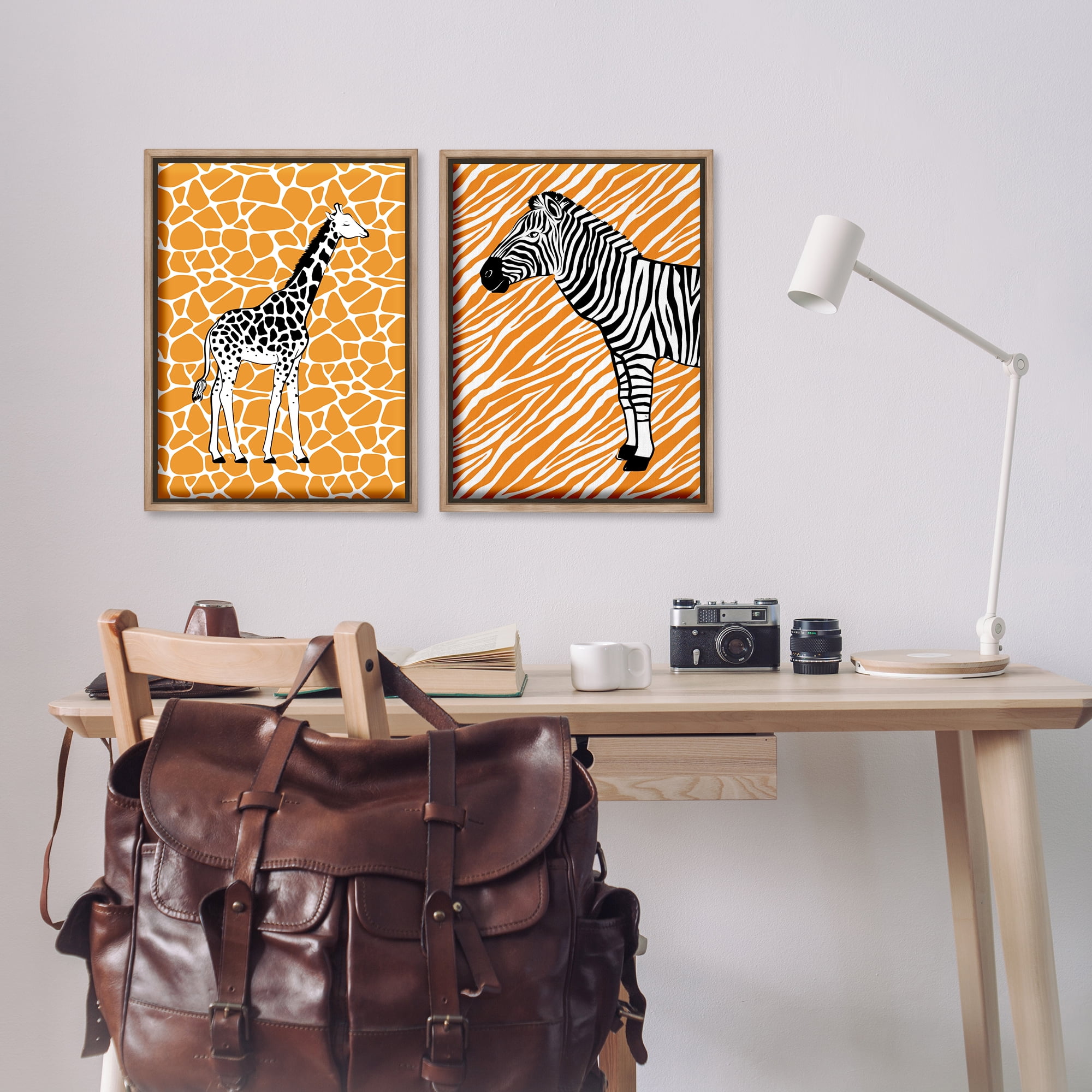 Stupell Industries Jungle Animals on Orange Animals Painting Brown Floater Framed Canvas Art Print Wall Art, 17 x 25, Set of 2