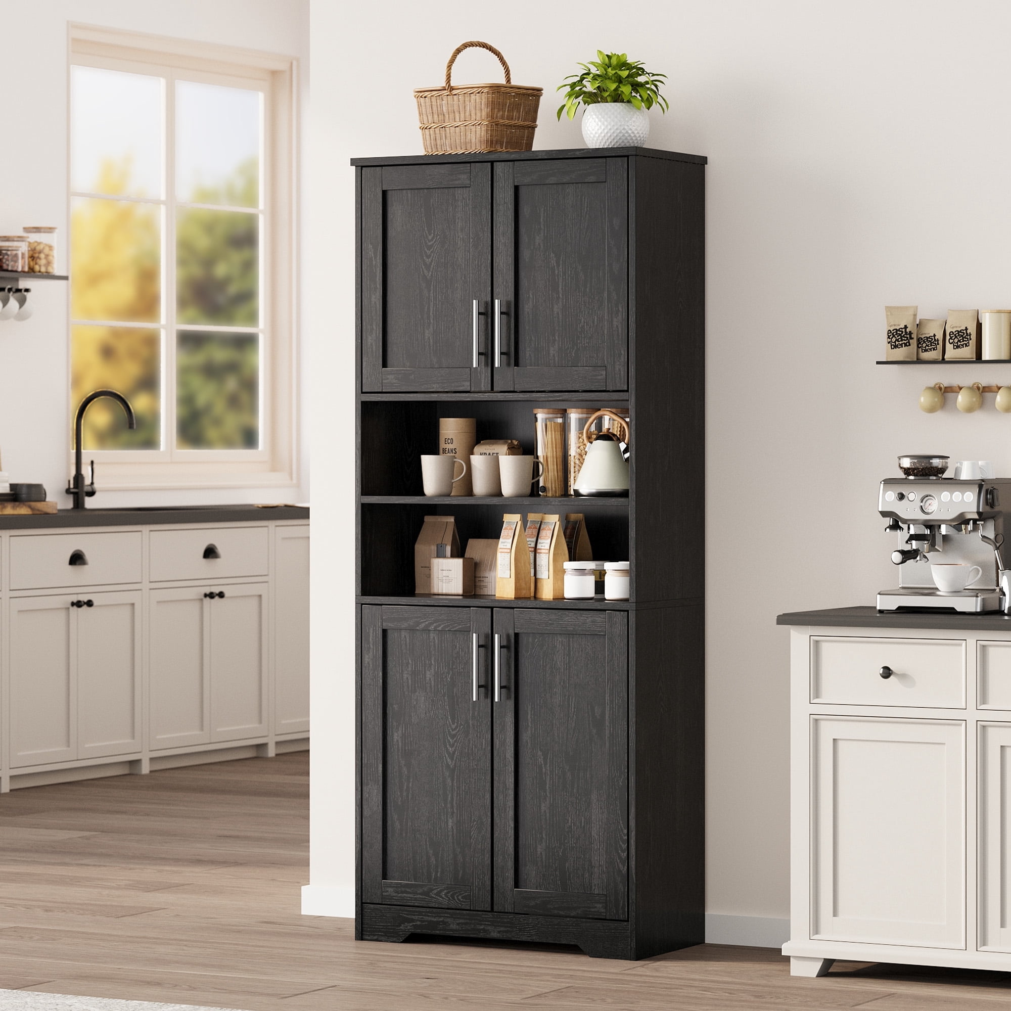 Gaderth 67" Tall Kitchen Pantry Cabinet, Farmhouse Kitchen Pantry Cabinet and Coffee Bar, Adjustable Shelf and Microwave Stand,for Dining Room Storage and Organization