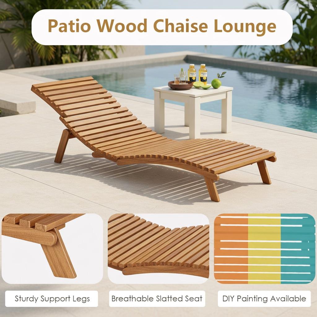 Hommoo Teak Wood Folding Chaise Lounge Chair for Patio, Backyard & Poolside, Slatted Design, Easy-Store Outdoor Recliner, Natural