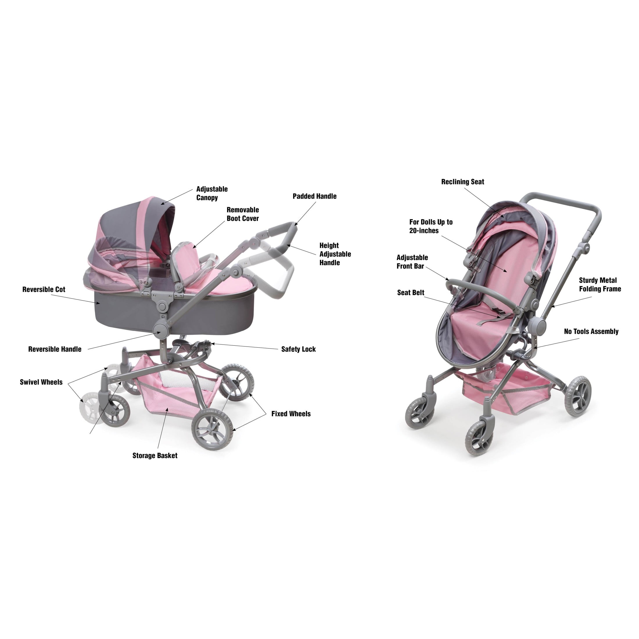 Daydream Multi-Function Single Doll Pram & Stroller - Gray/Pink