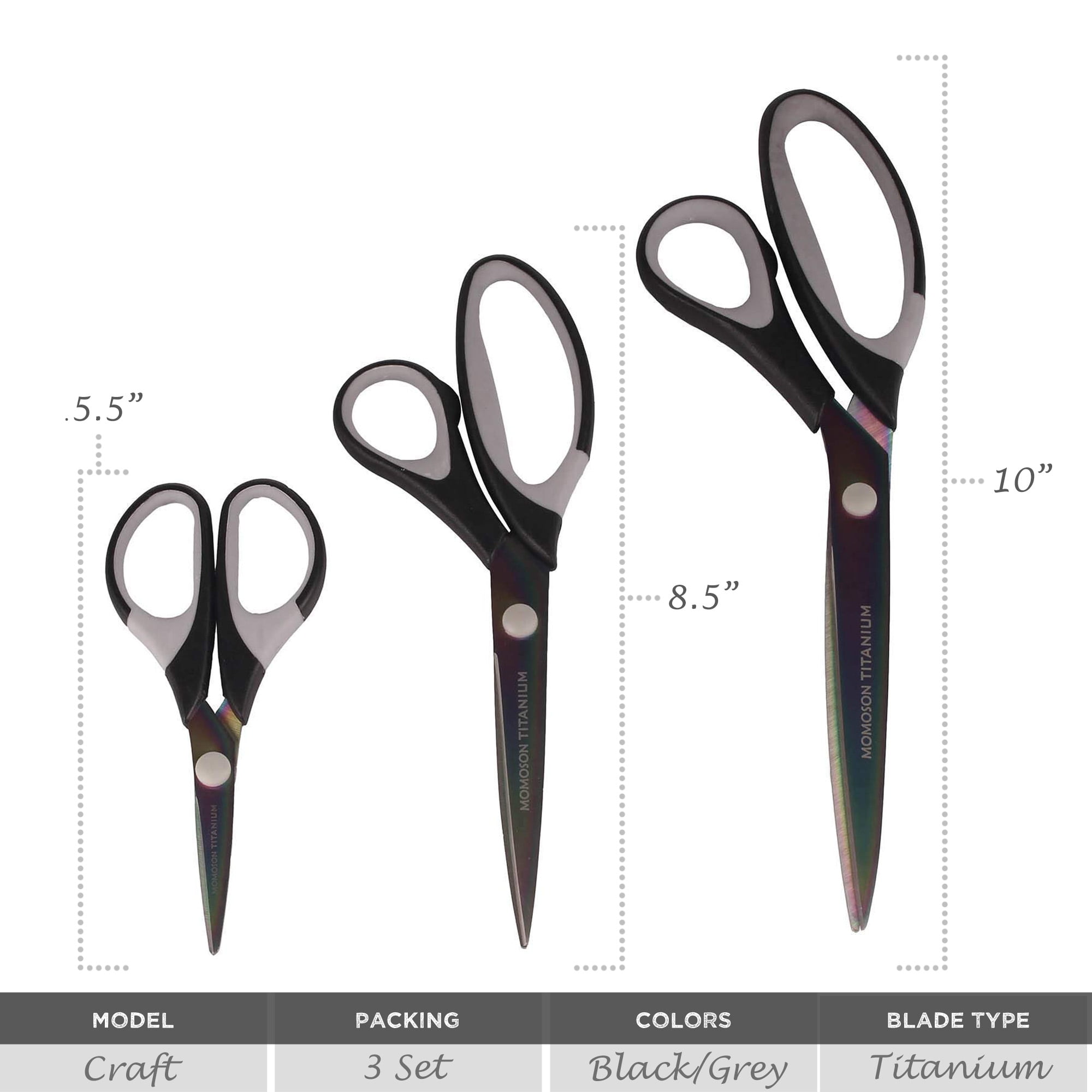 JubileeYarn Titanium Softgrip Scissors Set for Sewing, Arts, Crafts, Office - 3 Sets of 3 - Black
