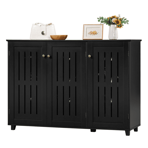 Alden Design 4 Tier Wooden Shoe Storage with Louvered Door, Black