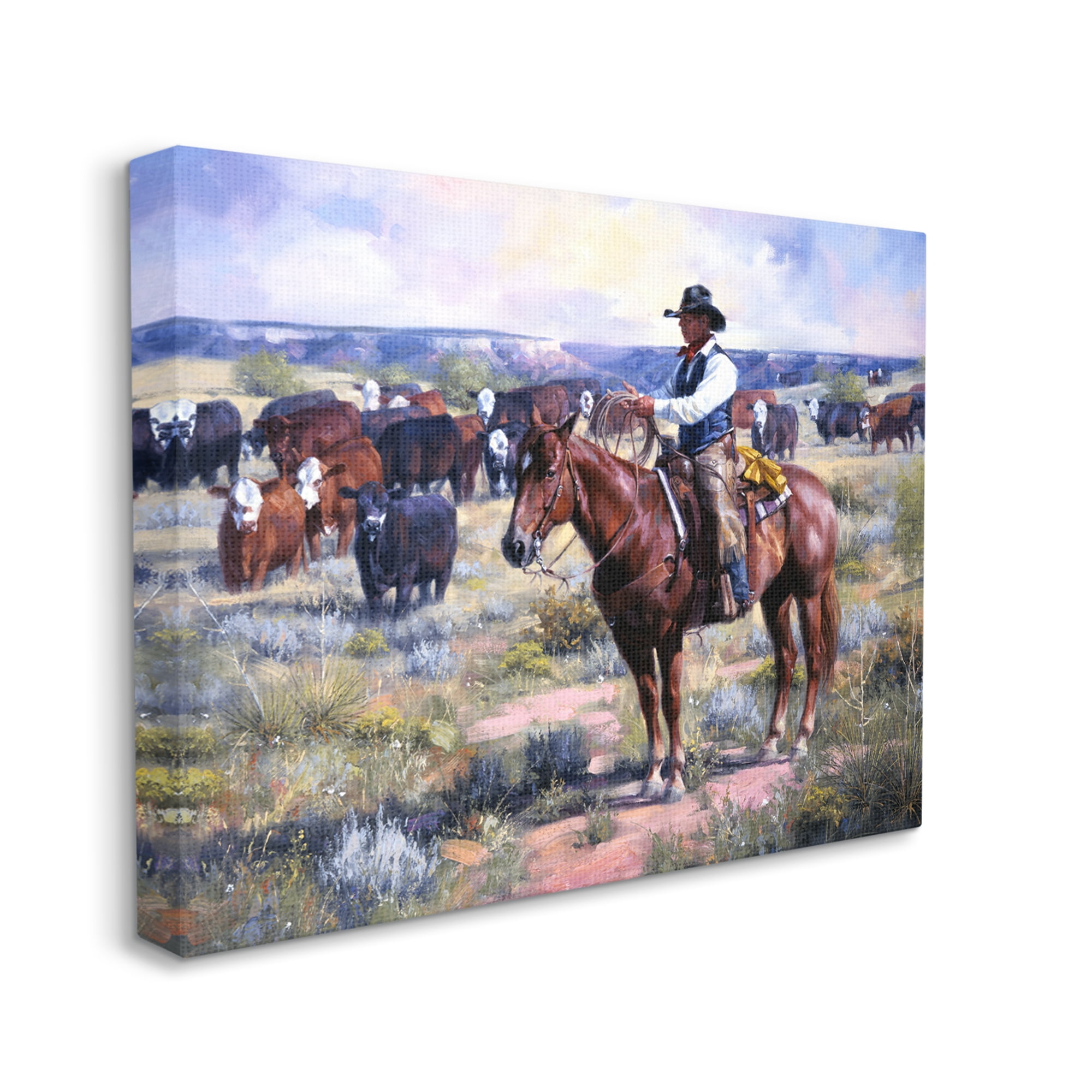 Stupell Industries Cowboy Herding Cattle Ranch Animals & Insects Painting Gallery Wrapped Canvas Print Wall Art, 48 x 36