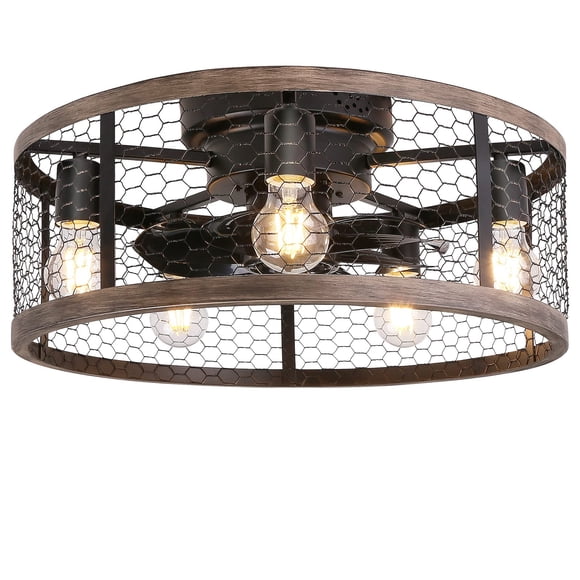 Ohniyou Ventilador de techo con jaula de montaje empotrado de 20.0 in con luces, control remoto, granja, rústico, perfil bajo, pequeño, vintage, ventilador de techo cerrado, accesorio de iluminación p