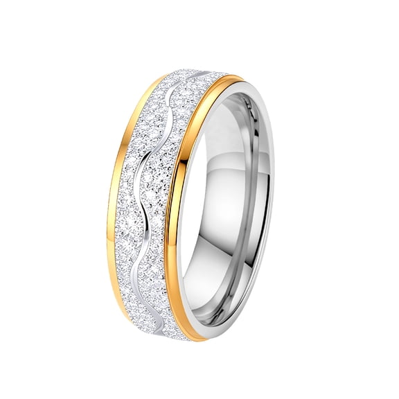 PAMTIER Women Gold Silver Plated Two Tone CZ Pave Wedding Ring Stainless Steel Wave Pattern Band Classic Minimalist Engagement Promise Jewelry Size 7